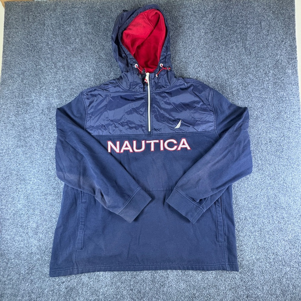 Nautica Mens XXL Navy Blue Quarter Zip Hoodie Mixed Media Logo Pullover Fleece